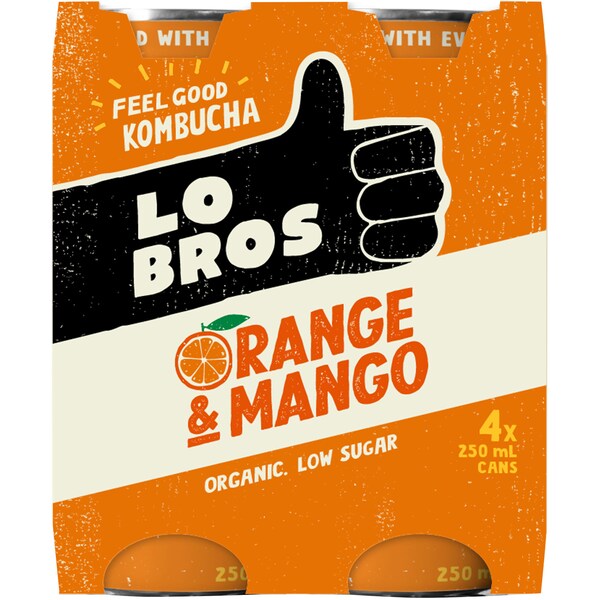 Lo Bros Kombucha Orange & Mango Cans 250mL x 4 pack