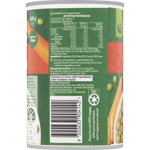 Woolworths Peas and Carrots 420g bunch