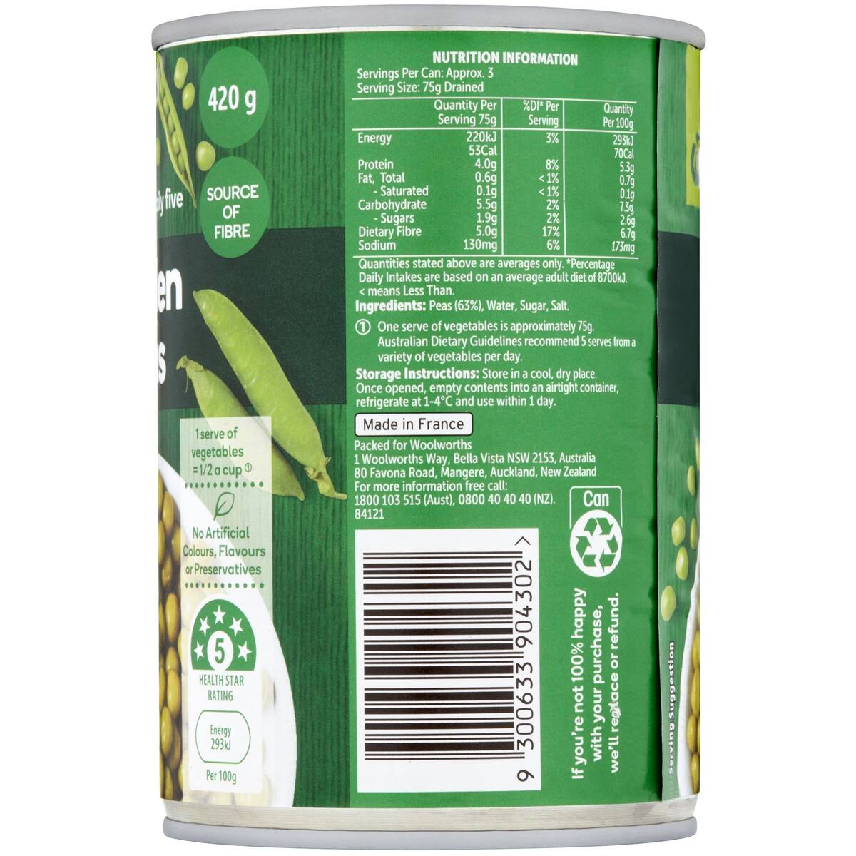 Woolworths Garden Peas 420g bunch