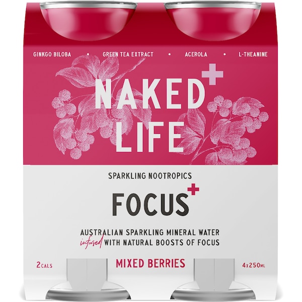 Naked Life Sparkling Nootropics Focus Mixed Berries Cans 250mL x 4 pack