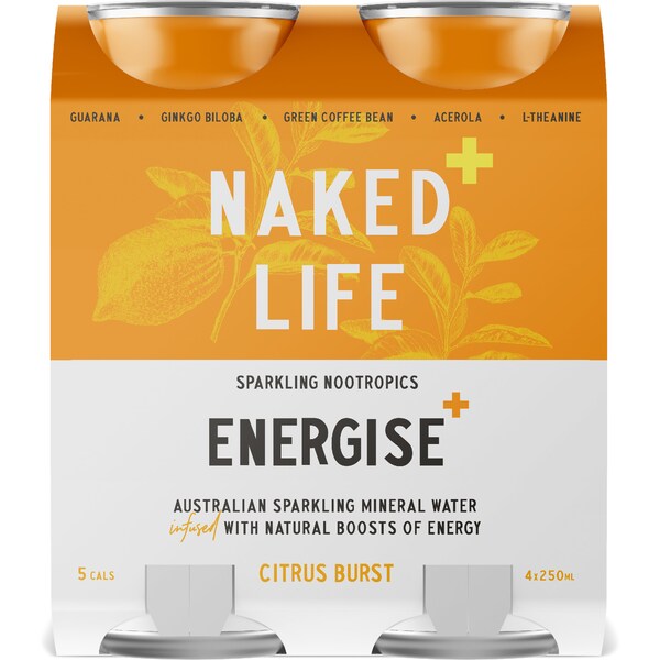 Naked Life Sparkling Nootropics Energise Citrus Burst Cans 250mL x 4 pack