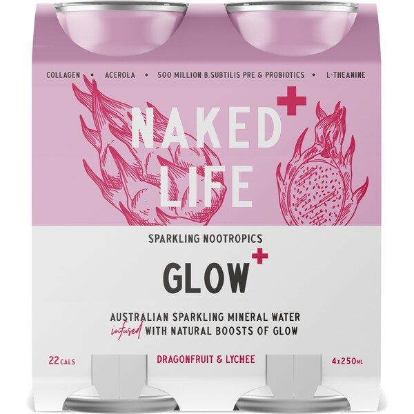 Naked Life Sparkling Nootropics Glow Dragonfruit & Lychee Cans 250mL x 4 pack