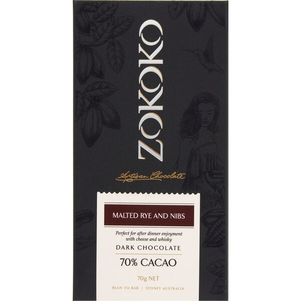 Zokoko Malted Ryde And Nibs Dark Chocolate Bar 70g