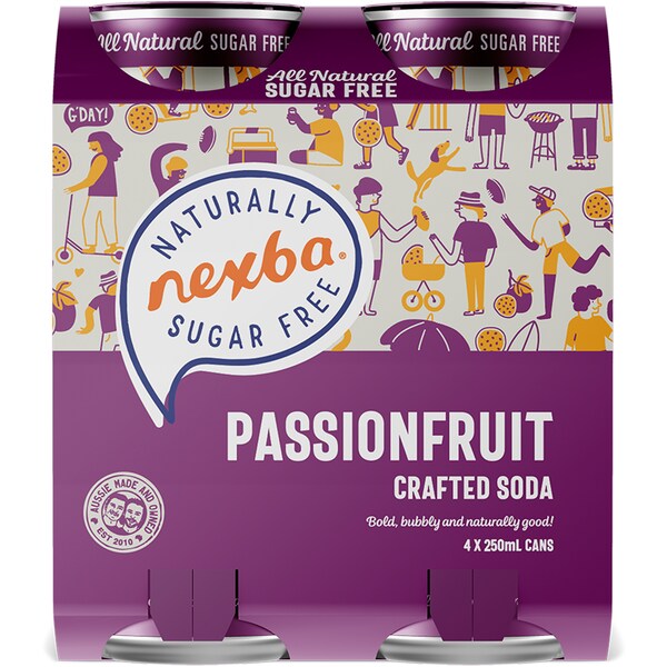 Nexba Passionfruit Crafted Soda All Natural Sugar Free Cans 250mL x 4 pack