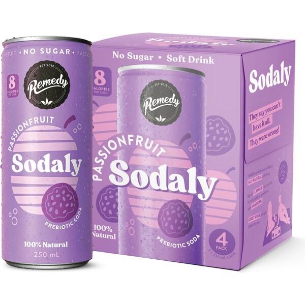 Remedy Passionfruit Sodaly Prebiotic Soda No Sugar Cans 250mL x 4 pack
