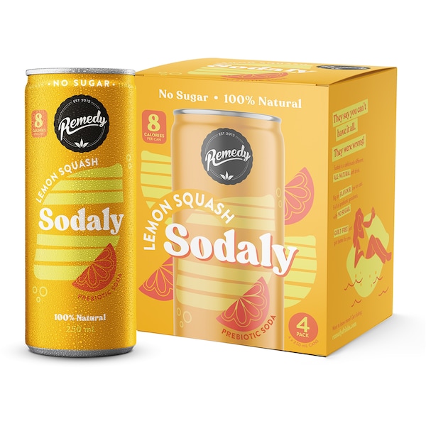Remedy Lemon Squash Sodaly Prebiotic Soda No Sugar Cans 250mL x 4 pack
