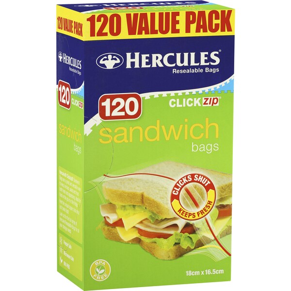 Hercules Click Zip Resealable Sandwich Bags 120 Pack