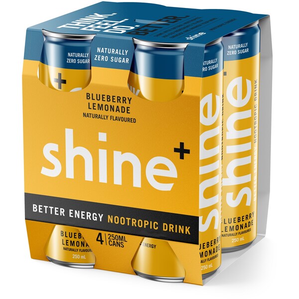 Shine Naturally Zero Sugar Blueberry Lemonade Energy Nootropic Cans 250mL x 4 pack