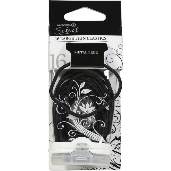 Woolworths Hair Elastics Snagless Large Thin Black 16 Pack