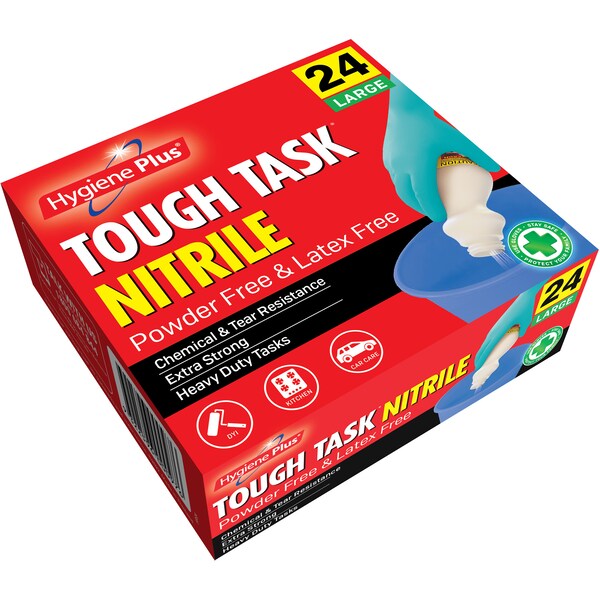 Hygiene Plus Tough Task Nitrile Powder Free & Latex Free Gloves Large 24 Pack