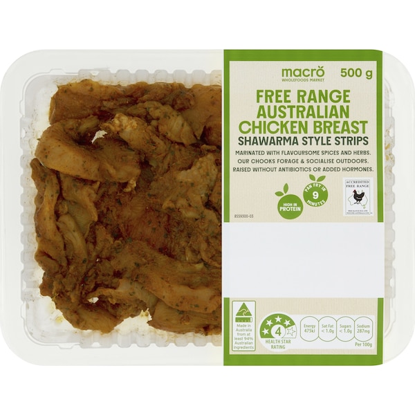 Macro Free Range Chicken Breast Shawarma Style Strips 500g