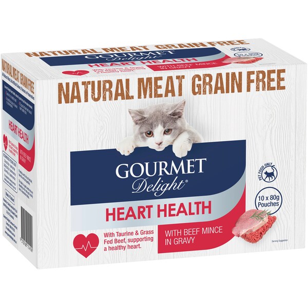 Gourmet Delight Cat Food Beef Mince In Gravy Heart Health 10 Pack 80g