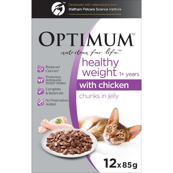 Optimum Cat Food Healthy Weight Chicken Chunks Jelly 12 Pack 1.02kg