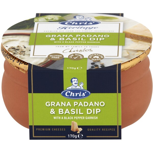 Chris' Grana Padano & Basil Dip With Black Pepper Garnish 170g