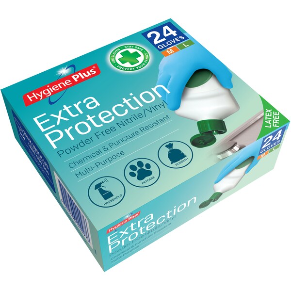 Hygiene Plus Extra Protection Powder Free Nitrile/Vinyl Gloves Med/Large 24 Pack