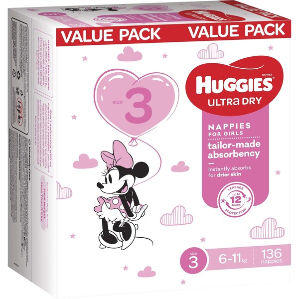 Huggies Ultra Dry Nappies Girls Size 3 (6-11kg) 136 pack