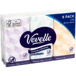 Vevelle Vevelle 3 Ply 9 Sheets Hypoallergenic Facial Tissues 6 Pack