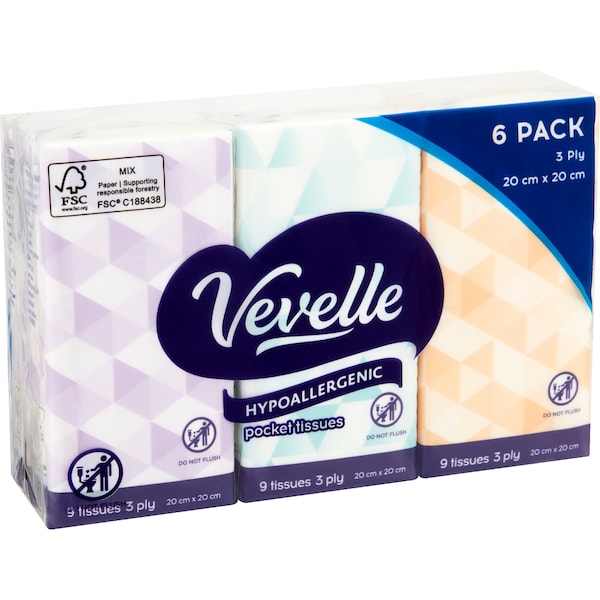 Vevelle 3 Ply 9 Sheets Hypoallergenic Facial Tissues 6 Pack