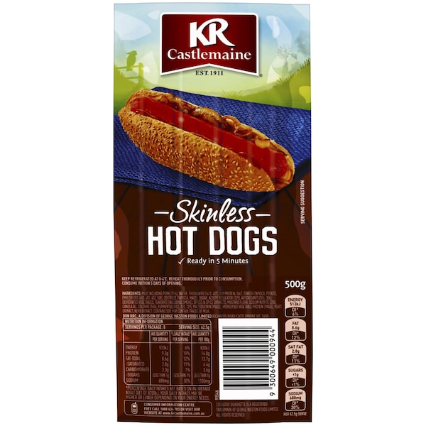 K R Castlemaine Frankfurts Skinless 500g