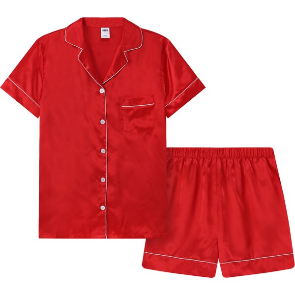 For Her Ladies Poly Satin Pjs s/s Red White Xl Each