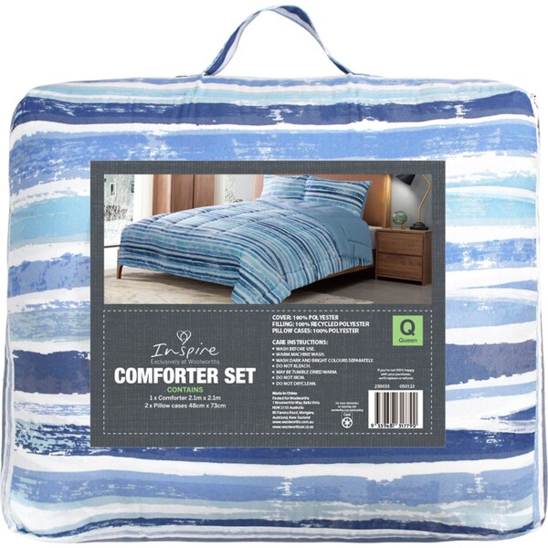Inspire Comforter Set Queen Bed Blue Stripes Each