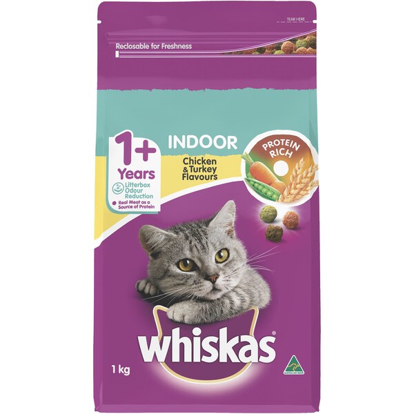 Whiskas 1+ Years Indoor Dry Cat Food Chicken & Turkey Flavour 1kg