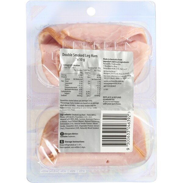 Woolworths Select Ham Leg Double Smoked Sliced 2x50g