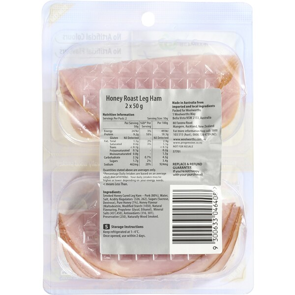 Woolworths Select Ham Leg Honey Roast Sliced Ff 2x50g
