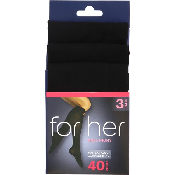 Essentials Plain Opaque Knee High Black One Size 3 Pack