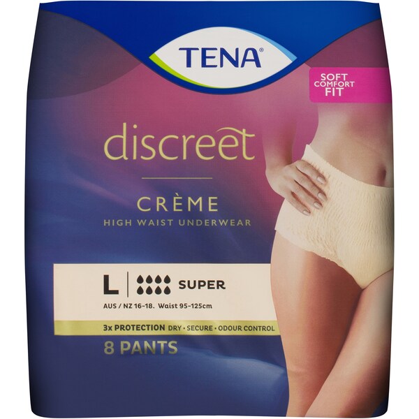 TENA Incontinence Pants Discreet Women High Waist Creme Size L 8 pack