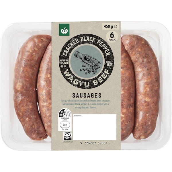 Woolworths Cracked Black Pepper Wagyu Beef Sausages 450g