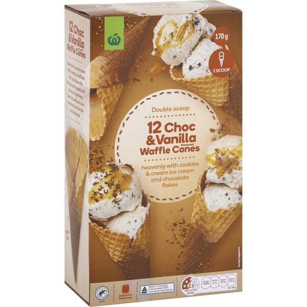 Woolworths Natural Choc And Vanilla Waffle Cones 12 pack