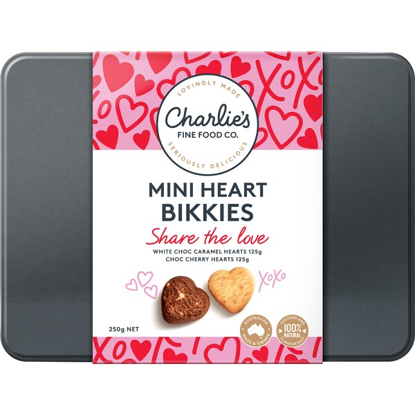 Charlie's Fine Food Co. Mini Heart Bikkies Tin 250g