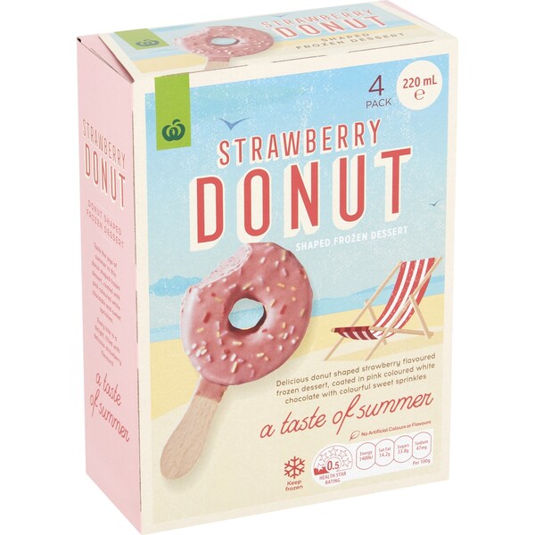 Woolworths Donut Frozen Dessert Strawberry 4 pack