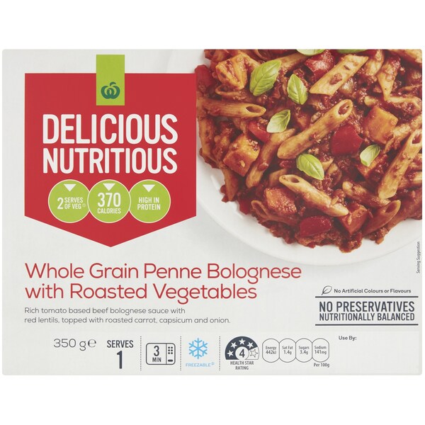 Woolworths Whole Grain Penne Bolognese With Roasted Veg Chilled Meal 350g