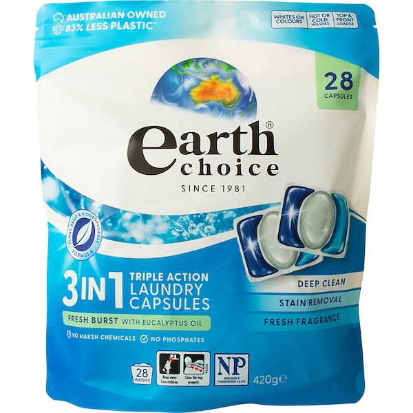 Earth Choice Triple Action Laundry Capsules Fresh Eucalyptus 28 pack