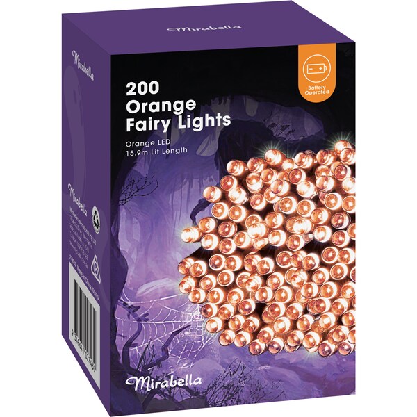 Mirabella Halloween Battery Operated 200 Fairy Lights Orange Each