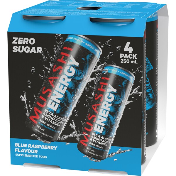 Musashi Zero Sugar Energy Drink Blue Raspberry 250mL x 4 pack