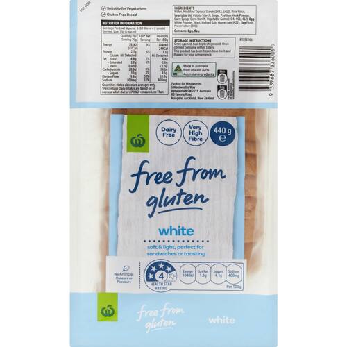 Woolworths Free From Gluten White Bread 440g bunch