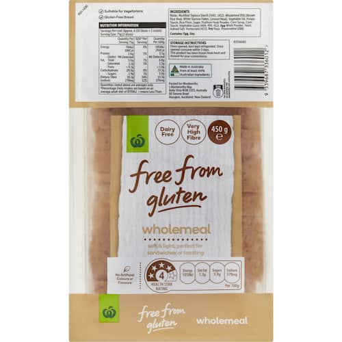Woolworths Free from Gluten Wholemeal Bread 450g bunch