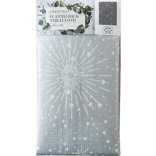 Christmas Flannelback Tablecloth Silver 1.35m x 1.8m Each