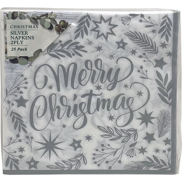 Christmas Napkins 2 Ply Silver 25 Pack
