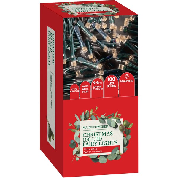 Christmas Mains Powered 100 Led Fairy Lights Warm White 9.9m Each