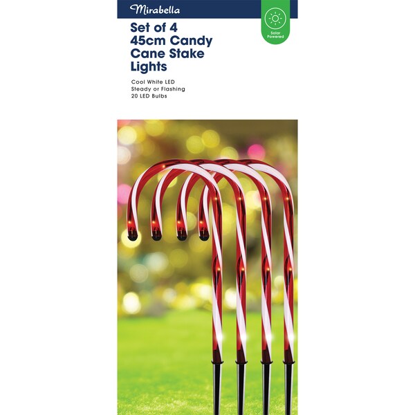 Mirabella Christmas Solar Powered Candy Cane Stake Lights 45cm 4 Pack
