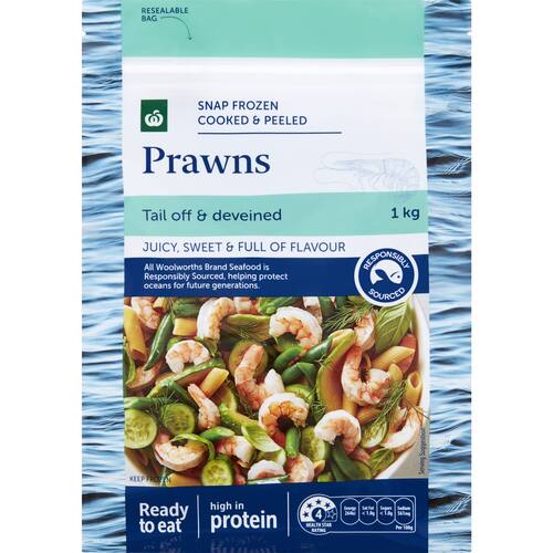 Woolworths Snap Frozen Cooked & Peeled Prawns 1kg bunch