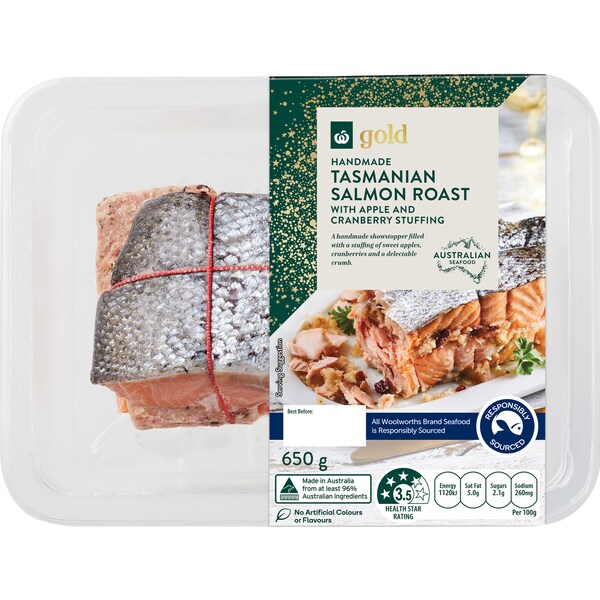 Woolworths Gold Tasmanian Salmon Roast With Apple Fig & Cranberry Stuffing 650g