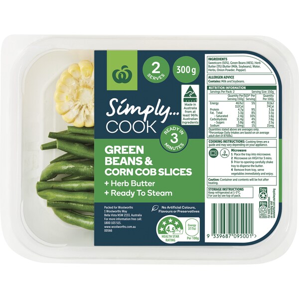 Woolworths Green Beans And Corn Cob Slices With Herb Butter 300g