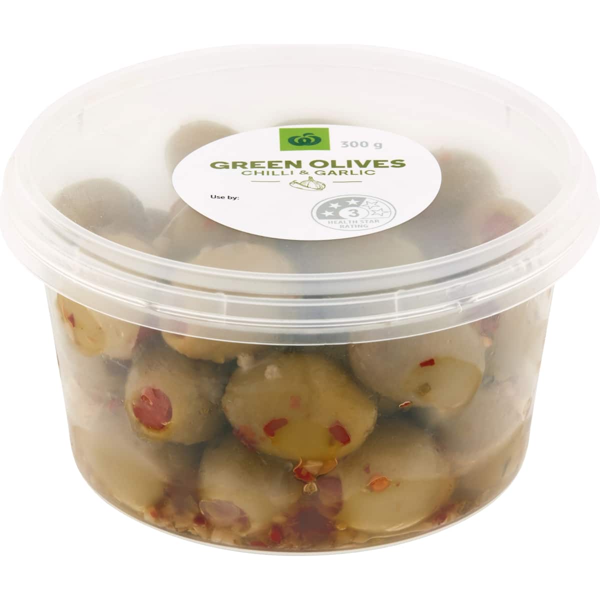 Woolworths Green Olives with Chilli & Garlic 300g bunch
