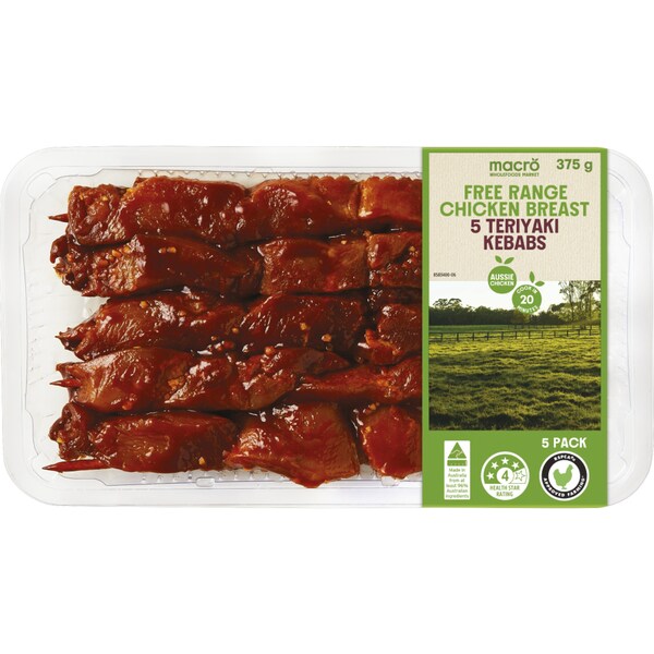 Macro Free Range Chicken Breast 5 Teriyaki Kebabs 375g