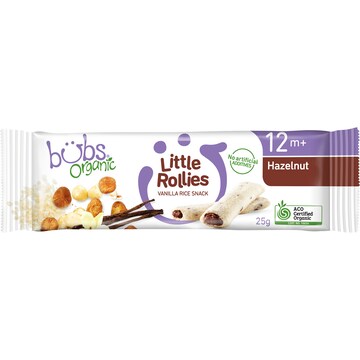 Bubs Organic Little Rollies Vanilla Rice Snack Hazelnut 25g